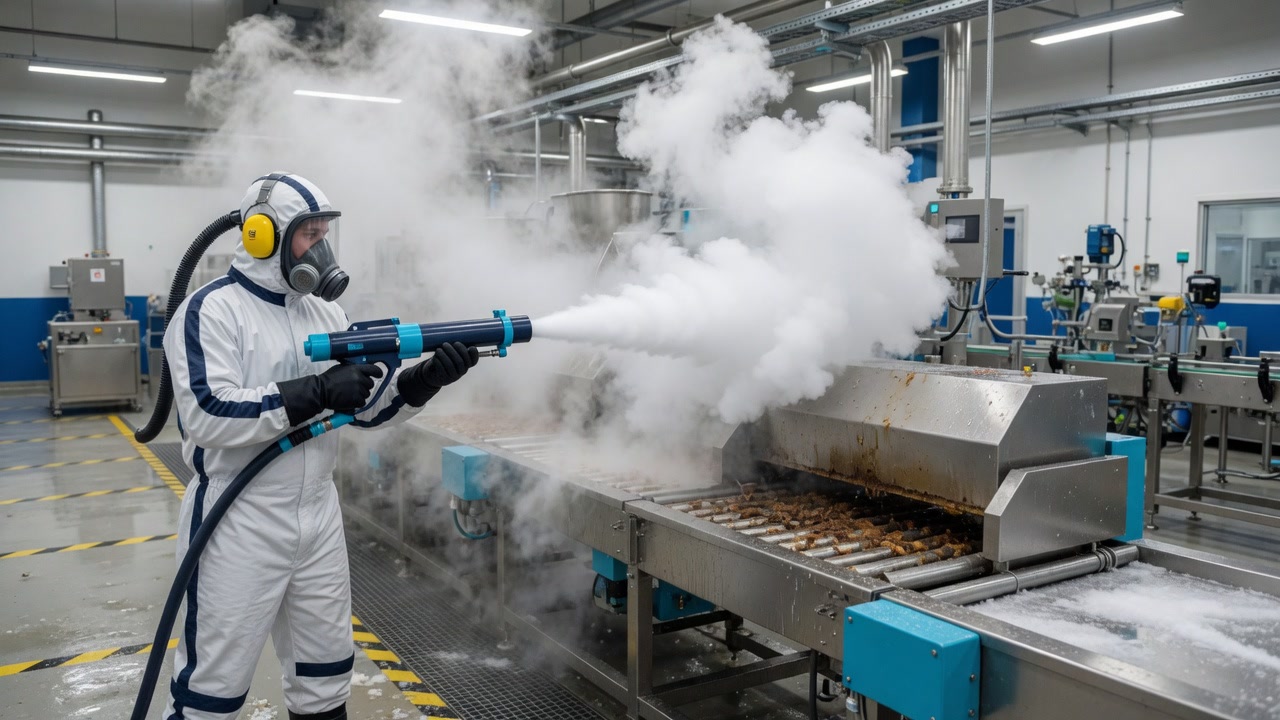 Operator performing dry ice cleaning on industrial production equipment